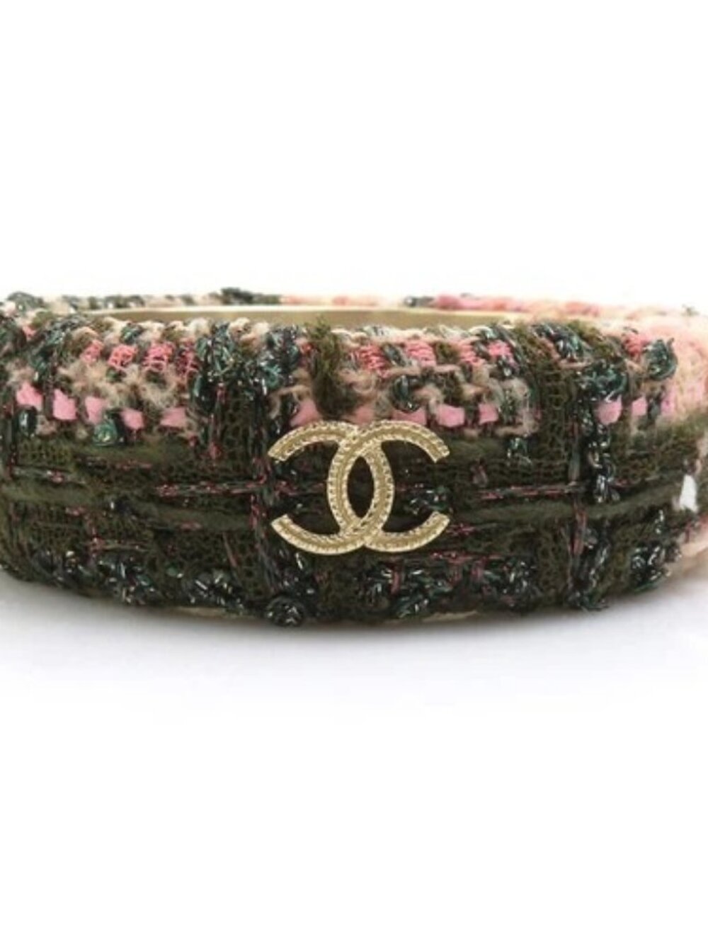 Auth CHANEL CC Logo Bangle Bracelet Khaki/Pink/Gold Tweed/Metal - e61626g